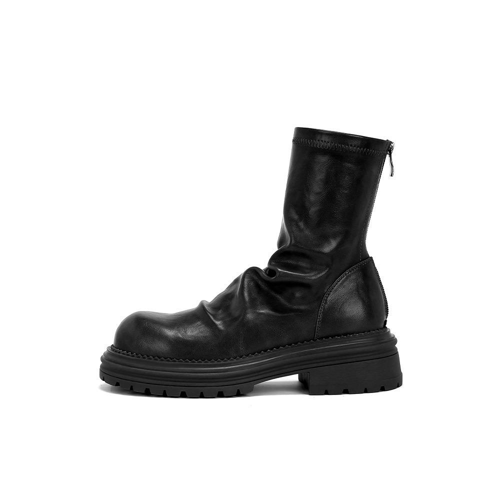 Round Head Pleated Thick Heel Elastic Stack Short Boots Women'S Autumn Versatile After Zipper Thin Boots