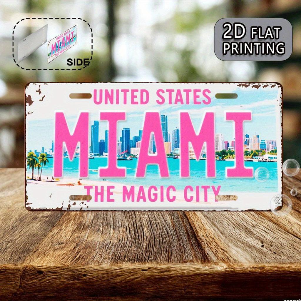 Miami The Magic City USA Vintage License Plate Style Aluminum Metal Sign Retro Florida Beach Skyline Travel Souvenir Wall Ar