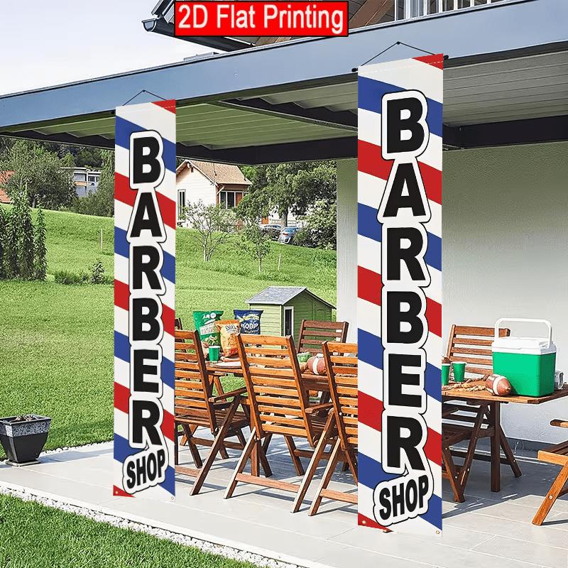 2D Flat, 2pc2D Flat Porch Banner, 30.48x179.83 cm Polyester Door Couplet, Red, White, and Blue Striped Design for Hair Salons, Suitable for Outdoor an