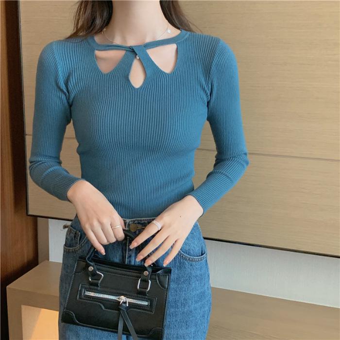 Women s Chic Hollow-Out Slim Fit Long Sleeve Knit Sweater - Autumn/Winter Collection One Size синий