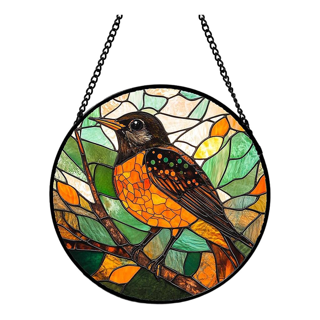 Acrylic Hanging Window Ornament Stained Glass Style Bird Design Round Shape Decorative Suncatcher with Chain for Indoor Outdoor Display