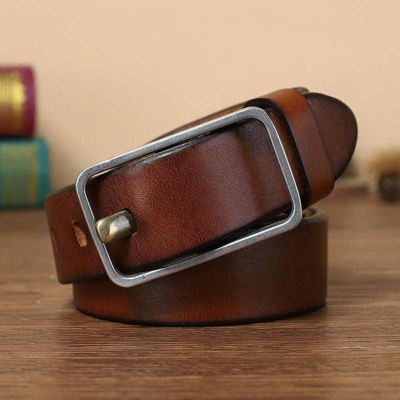 

Ремень с пряжкой из нержавеющей стали, мужской кожаный утолщенный глянцевый первый слой из воловьей кожи, винтажный повседневный универсальный молодежный джинсовый ремень 130cm