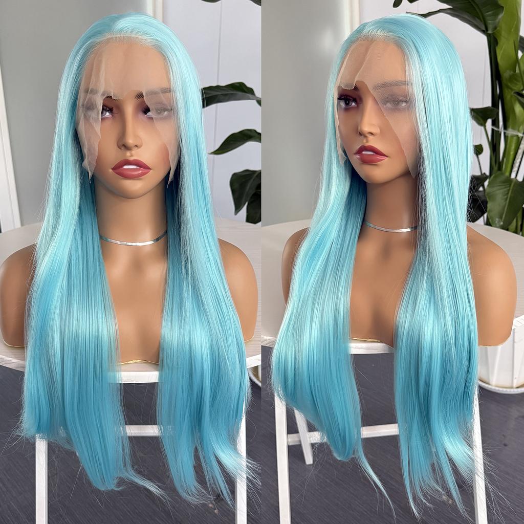 Blue Lace Front Wig 13x4 Long Silky Straight Synthetic Hair Wigs for Women Glueless Natural Hairline Daily Use Cosplay Party Wig