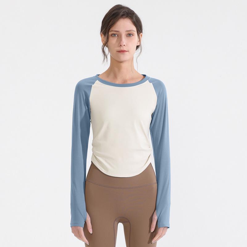 Damska szybkoschnąca plisowana koszulka do jogi z długim rękawem i kontrastowymi wstawkami