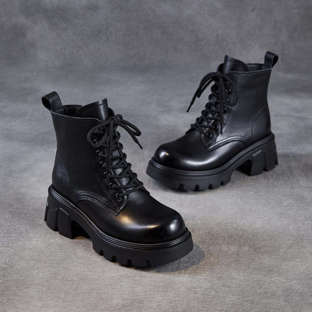 Leather Martin boots women's British style 2026 autumn and winter new single boots retro light luxury thick-soled thin lace-up leather boots
