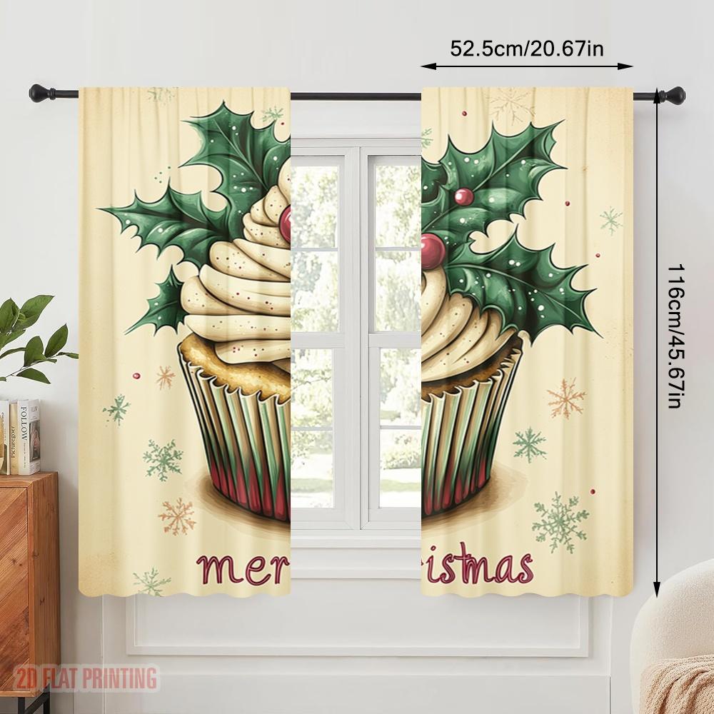 2 Stück, 2D-Flachdruckmuster Vorhänge Weihnachten Cupcake Stechpalme Kiefer (2) Vielseitiges Polyester (ohne Stange) Art Deco Festlich für