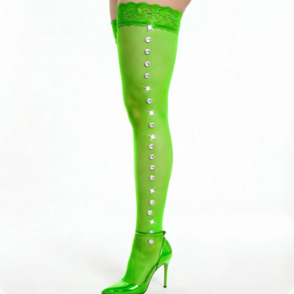 Nouveaux Bas Scintillants Strassés sur le Côté Bas Féminins Transparents Bas Hautes Cuisses en Dentelle Transparente 10 Couleurs Bas Sexy One Size green