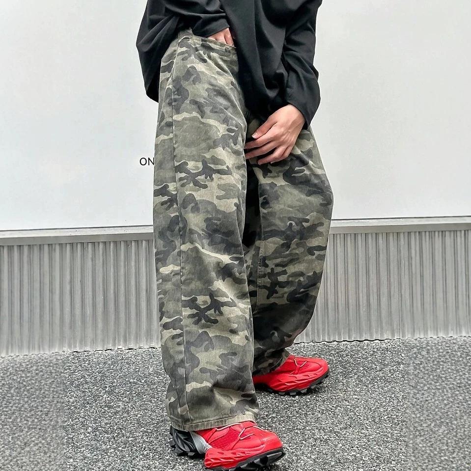 American Retro Washed Camouflage Scimitar Jeans Men's and Women's Loose Silhouette Design Sense Old Wide-leg Trousers