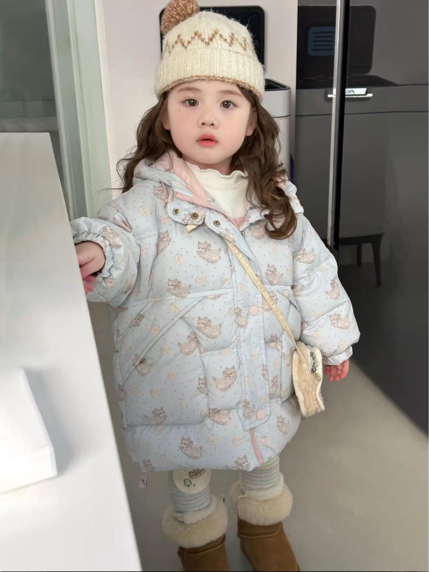 Kids Korean Style Winter Cartoon Hooded Mid-Length Down Jacket - Girls 90% White Duck Down 110 cm