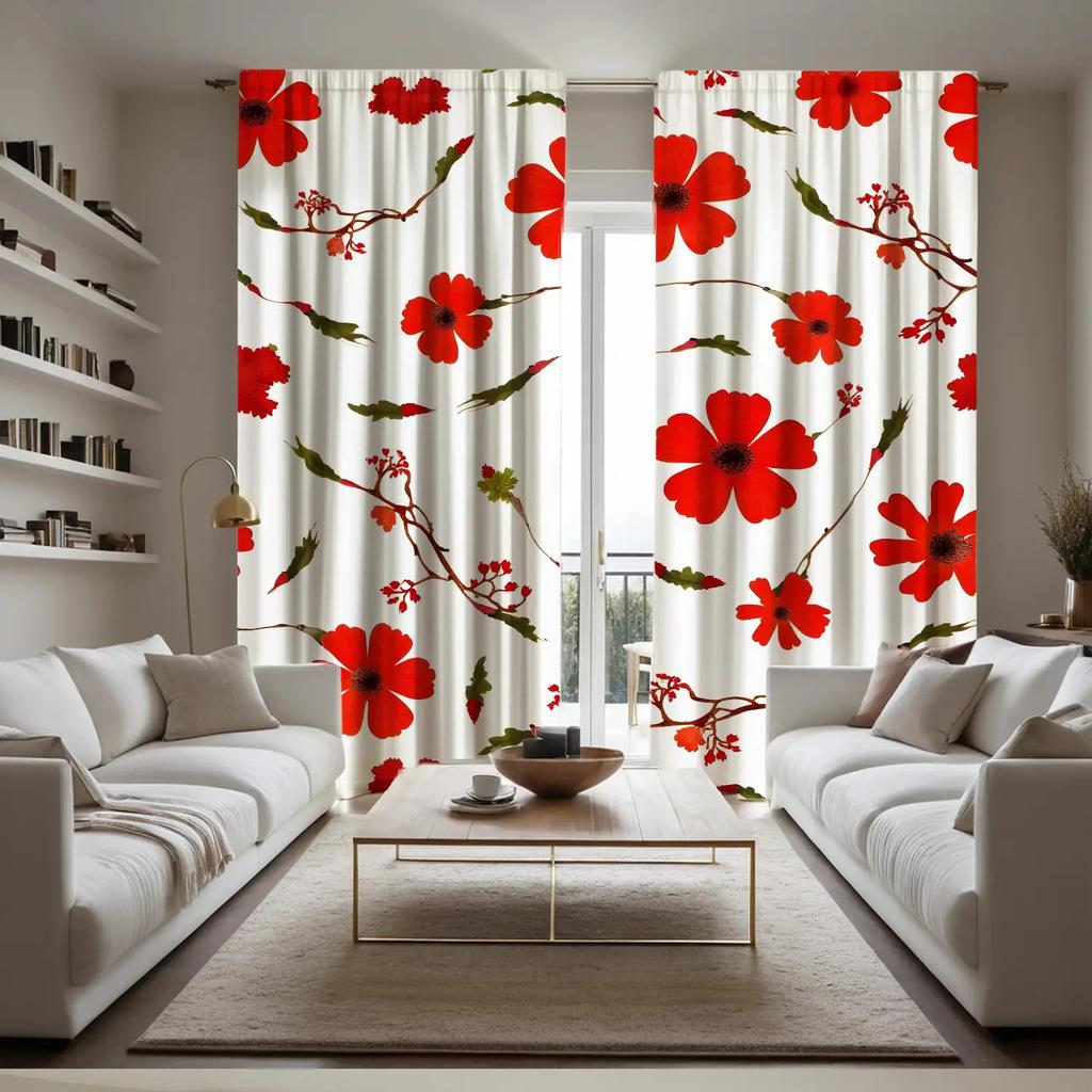 2pc Gorgeous Style Red Floral Print Curtains   Polyester Fabric   Machine Washable   Suitable for Bedroom Living Room Decoration