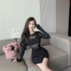 French Sexy Spice Girl Crew Neck Splicing Hollow Long Sleeve Dress Women's Spring New Slim Skinny Hip Wrap Short Skirt