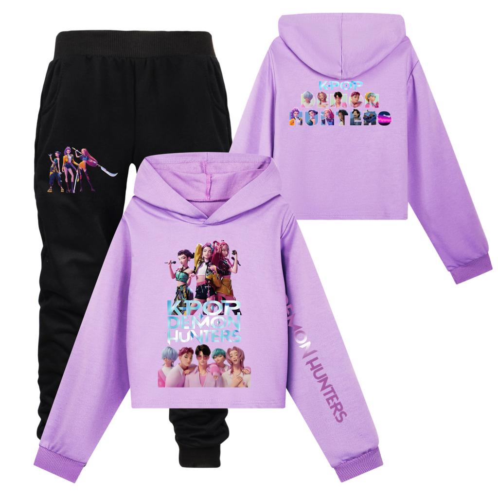 Girls Clothing Sets Kpop Witch Hunt Girls' Half Waist Short Hoodie Single and Double Sleeve Printed Casual Set