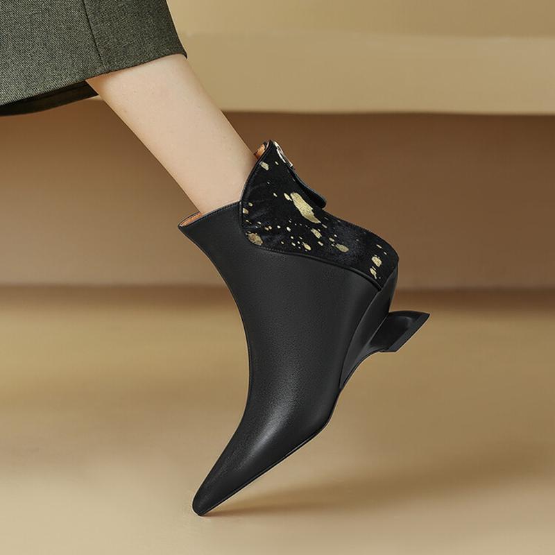 Fashion NEW Autumn Women Boots Pointed Toe Kitten Heel Shoes Genuine Leather Shoes for Women Splicing Ankle Boots Elegent Zipper Boots