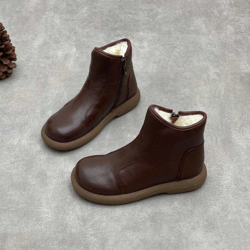 Johnature Genuine Leather Cotton Boots Handmade Retro Flat Round Toe Soft Cowhide Wool Women's Short Boots