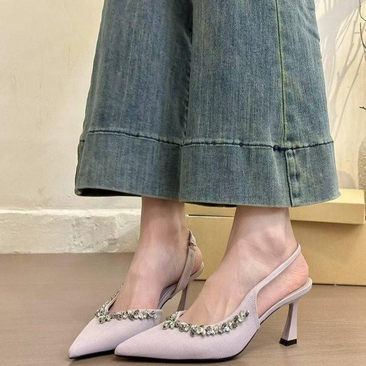 2025 Spring and Autumn New Fashion Versatile High Heels Women's Thin Heels Pointed Baotou Slippers Wear Rhinestones