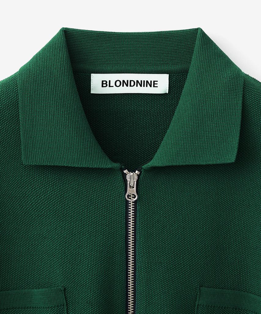 Blond9 Cotton Collared Short Sleeve Zip-Up_Forest Green