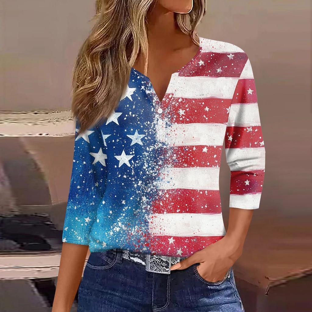 Dam T-shirt Tee Självständighetsdagen Tryckt Knapp 3/4 Ärm Tunika Vardag Helg Mode Grundläggande V-ringning Normal Topp