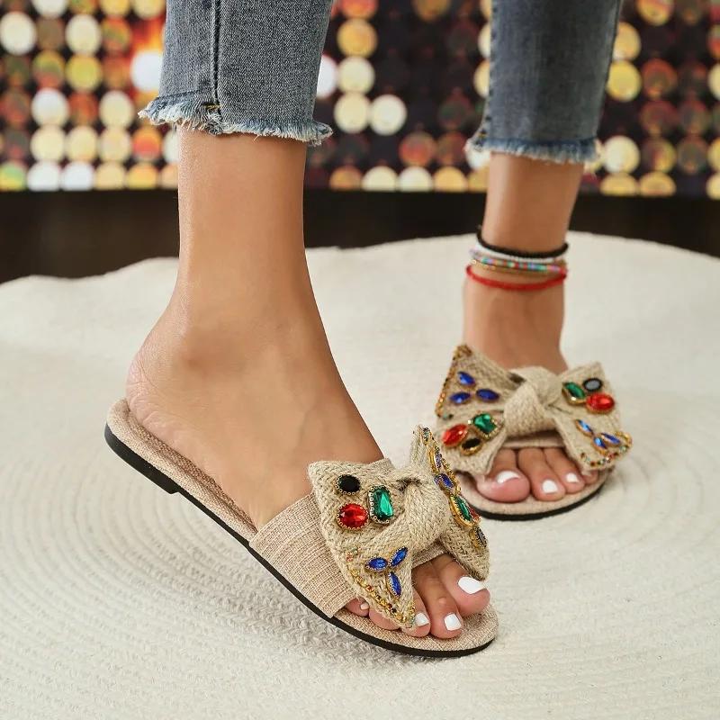 Fashion Female Shoes on Sale 2024 Open Toe Women's Slippers Summer Bow Rhinestones Solft Sole Casual Comfortable Flat Plus Size Slippers