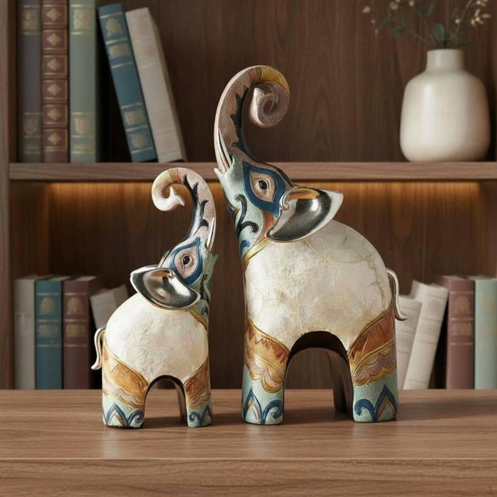 Statues d'Éléphants en Résine Figurines Peintes à la Main Style Luxe Léger Design Rétro Sculptures de Table