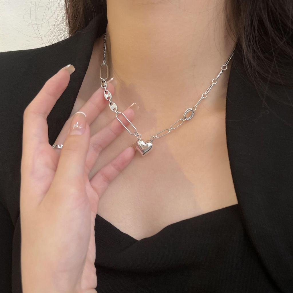 Koreański Naszyjnik Srebro Próby 925 Serce - Minimalistyczny Vintage Łańcuszek na Obojczyk dla Kobiet