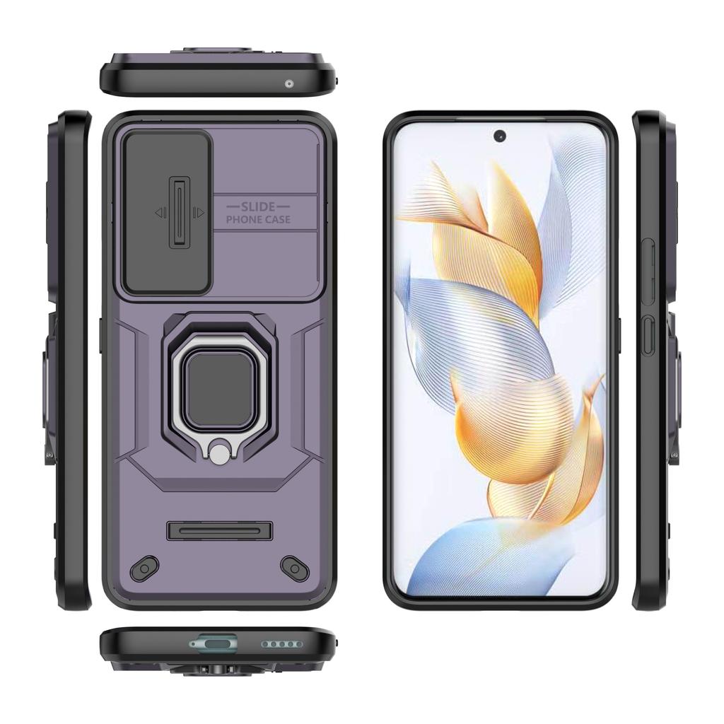 For Honor 90 Case PC+TPU Ring Kickstand Cellphone Cover with Slide Lens Guard