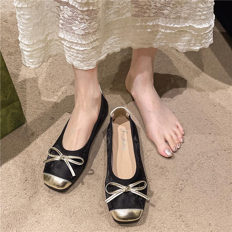 Bow square head single shoes women's 2025 new shallow mouth Chinese style splicing soft versatile flat ballet shoes