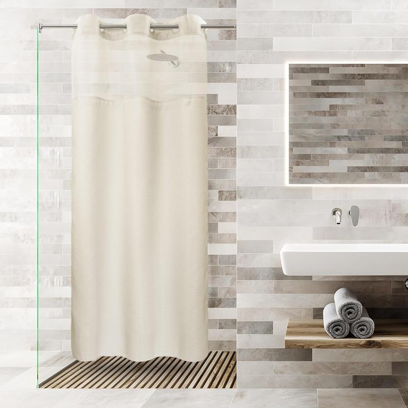 No Hooks Required Dotted Waffle Weave Shower Curtain with Snap In Liner - 71W X 74H,Hotel Grade,Spa Like Bath Curtain,Gray