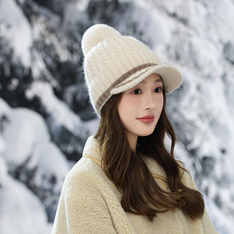 Czapka dziergana z pomponem, Gruba ciepła czapka z polaru, Wełniana czapka rekreacyjna na zewnątrz, Damska zimowa wełniana czapka dziergana, Wiatroodporna czapka podróżna na zewnątrz