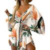 Women Fashion Floral Print V-Neck Bat Sleeve Asymmetric Lace-up Mini Shirt Dress