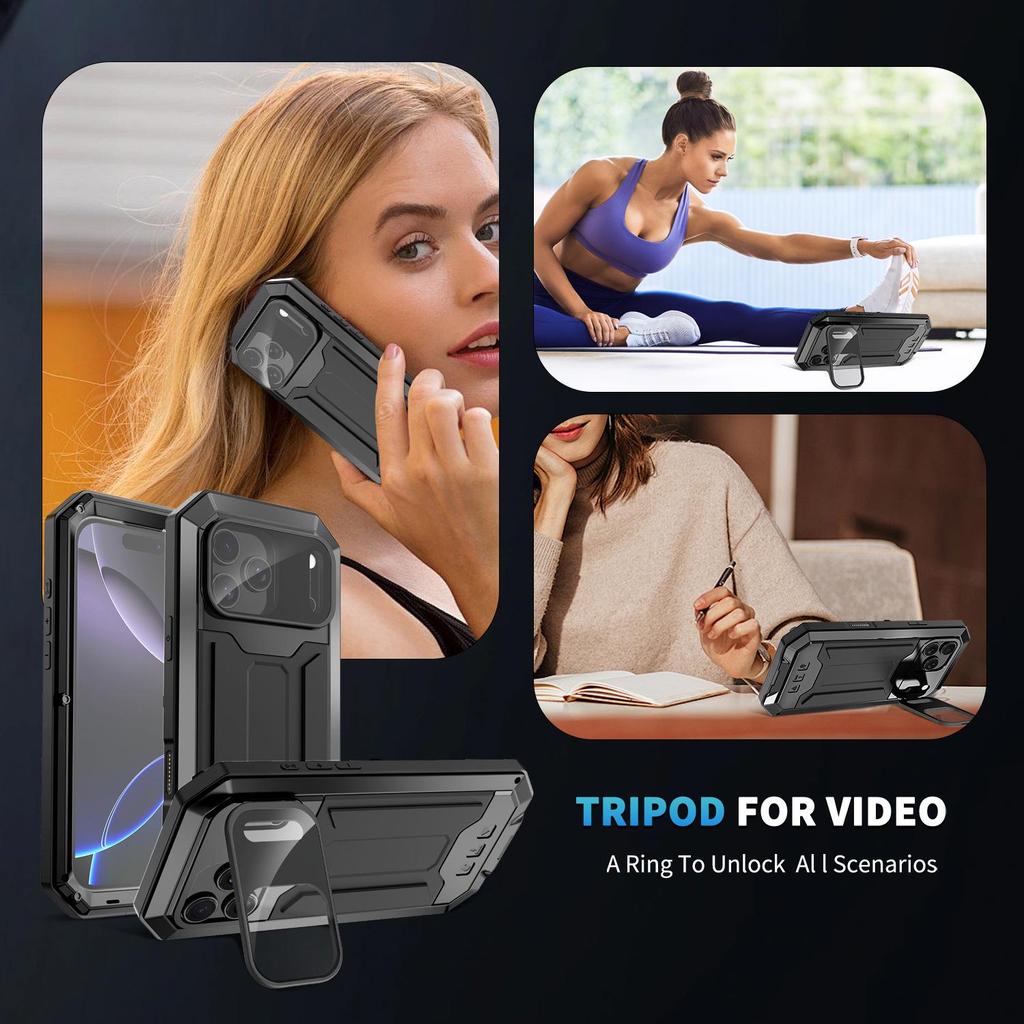 Invisible Stand Metal Tri-Proof Phone Case for iPhone 17/16Pro, Sliding Window Drop-Proof Protective Cover.