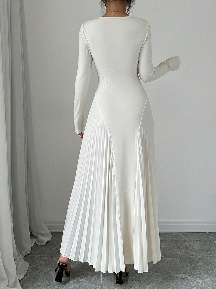 Autumn Winter Simple Solid Color Knitted Dress Women O Neck Long Sleeve Pleated Office Dresses Elegant Slim Robe Dress