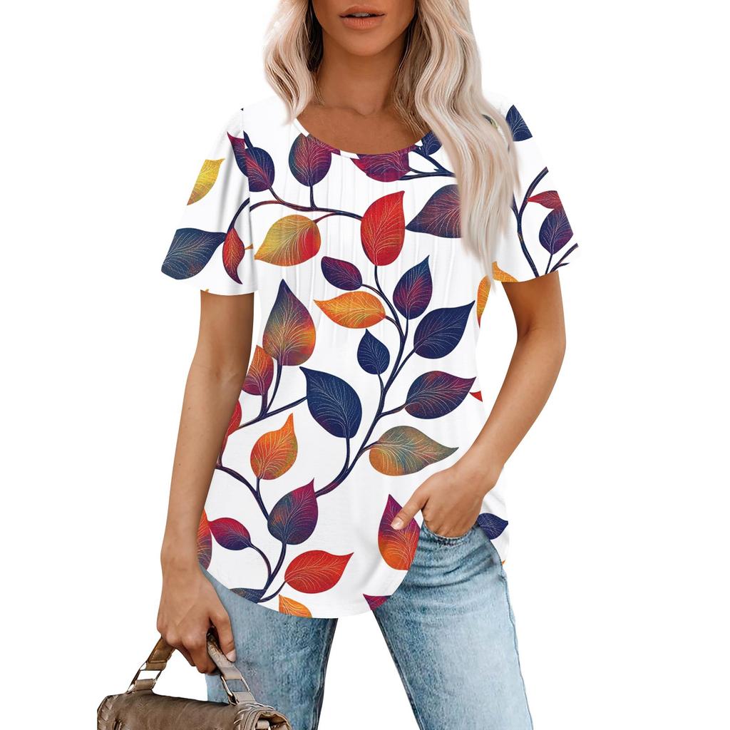 Women's Fashionable Casual Pleated Round Neck Striped Flower Printed Short Sleeved T Shirt Top