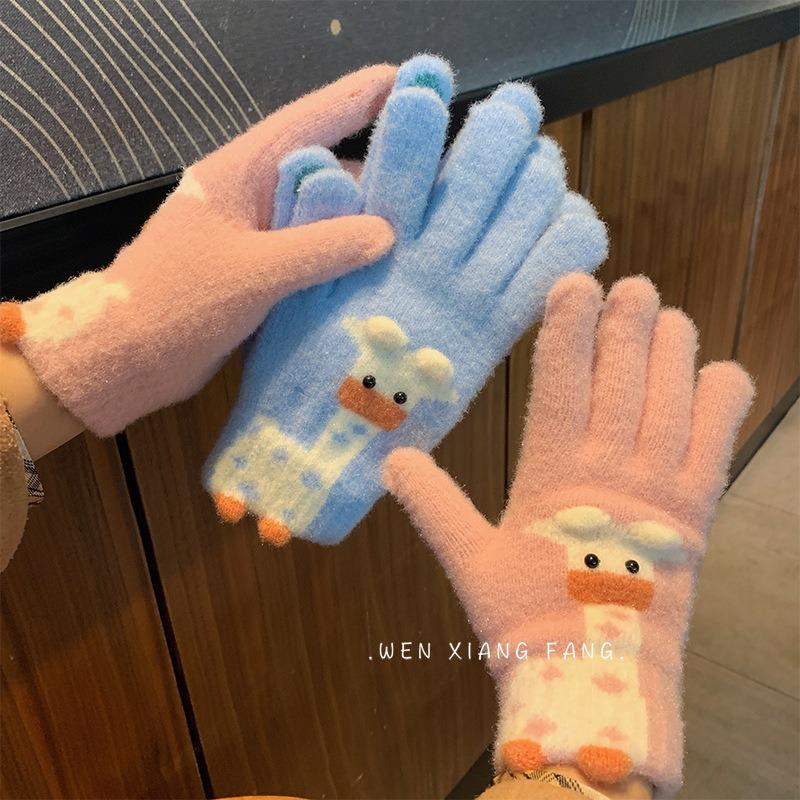 Cartoon Thermal Gloves Women Winter Thickened Cute Couple Student Cold Knitted Wool Riding Five Fingers