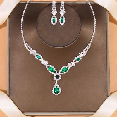 Elegant Emerald Green Crystal Jewelry Set Wedding Accessories 2023 Bridal Water Drop Necklace Earrings Set Ladies Gift