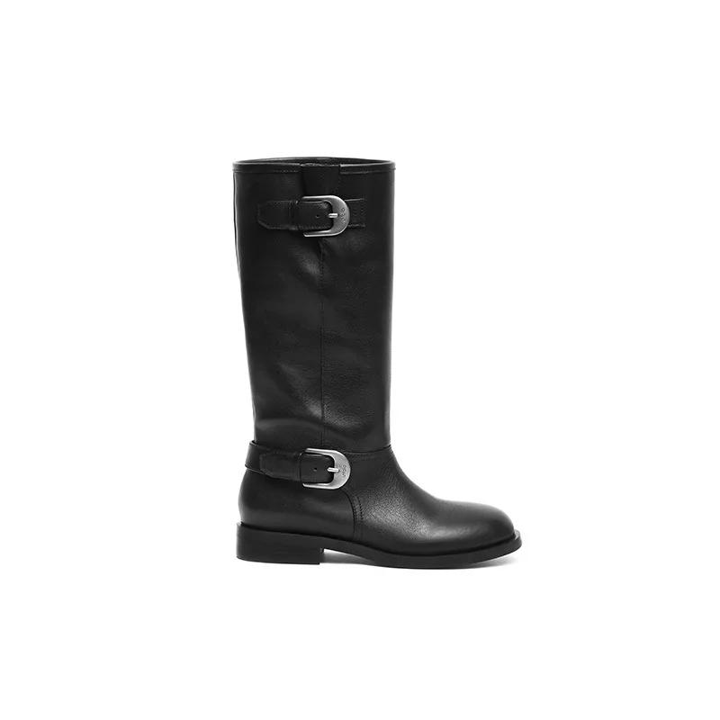 Women's Boots French Retro Belt Buckle Long Leg Knight Boots  New British Style Patchwork Pleated Calf Comfort Botas Mujer