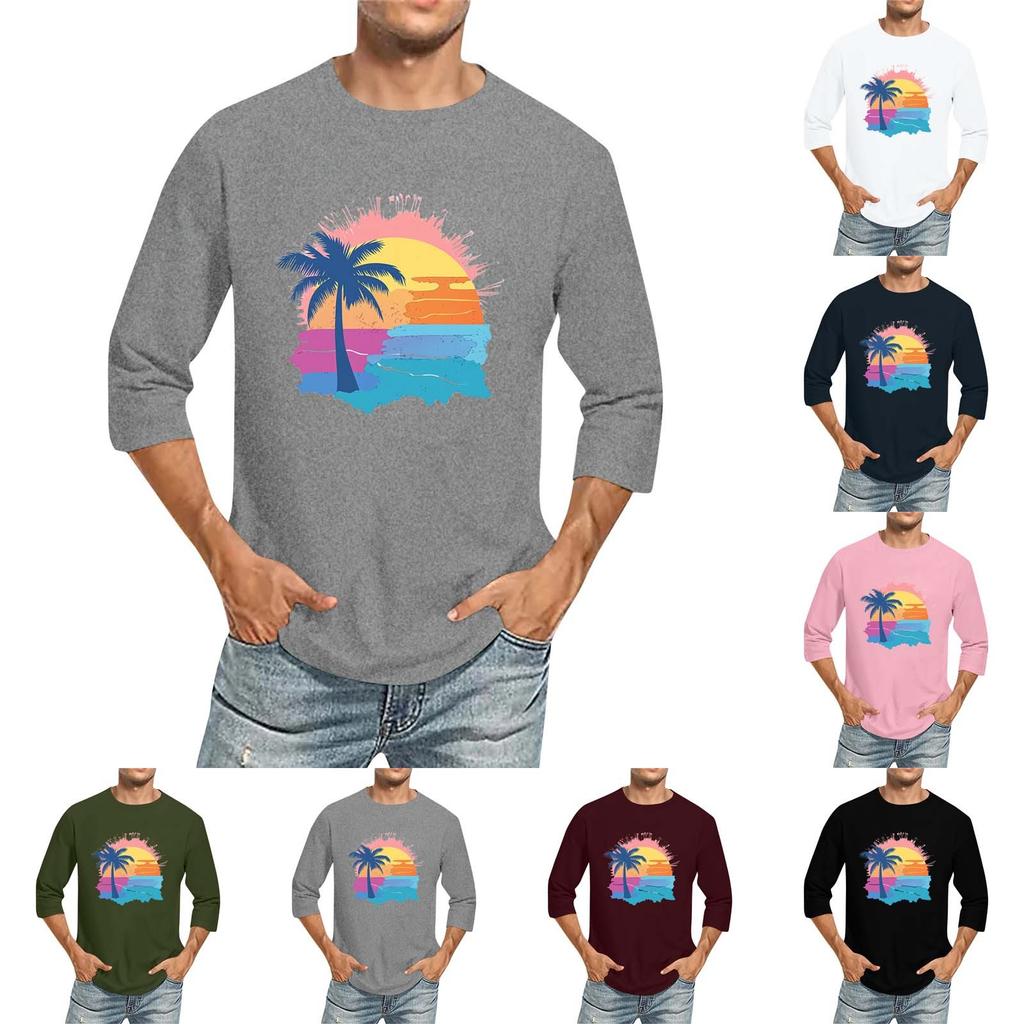 Jednobarevné pánské tričko s kulatým výstřihem a tříčtvrtečním rukávem