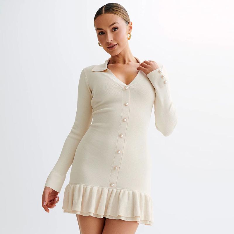 Ruffle Splice Knitwear Dress Women Elegant Bandage Bow Backless Mini Dresses Femme Holiday Long Sleeve Contrast Cardigan Lace Up Vacation Knit Dress