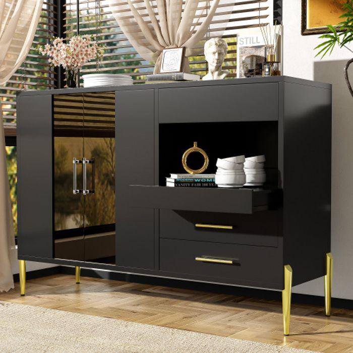Buffet - MUVOE - 120x39,5x84cm - Noir - 2 Portes - 3 Tiroirs - Design Contemporain