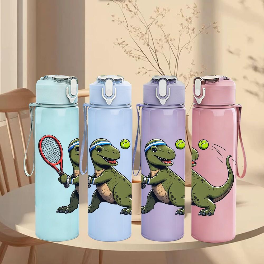 1PC Dinosaur Playing Tennis Funny Print 750ml Color Plastic Sports Water Bottle Leakproof Flip Straw Lid Suitable for Sports Office Home Use