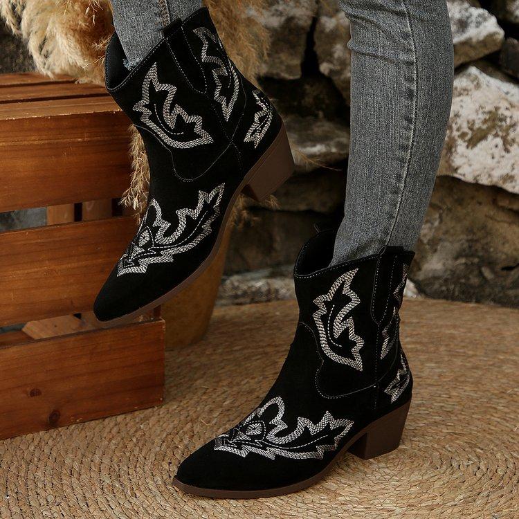 Fashion Woman  Suede Boots Fashion Slip On Ladies Embroider Square Heel  Retro Pointed Toe Women's Mid Calf  Boots Shoes Footwear 954