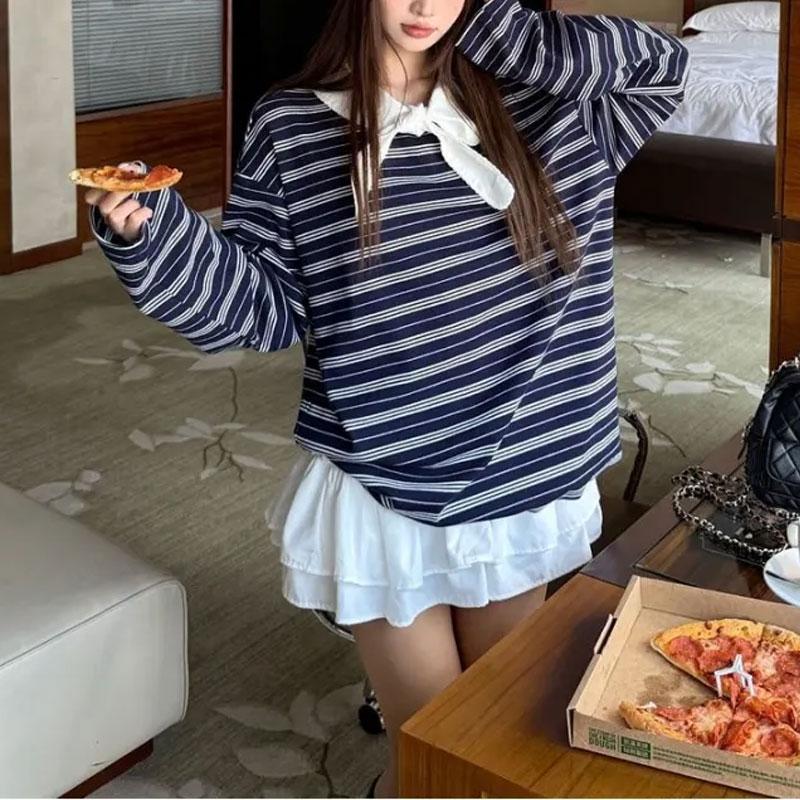 

Women Stripe Print Peter Pan Collar Top Long Sleeve Blouse S синий
