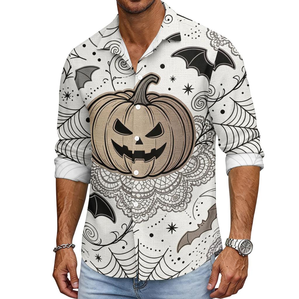 Men's Loose Fit Long Sleeve Shirt with Turn Down Collar Halloween Theme Vintage Casual Button Down Shirt for Spring Autumn Outdoor Daily Wear