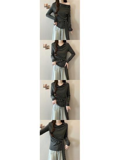 Korean Style One-Shoulder Long-Sleeve Knit Top for Autumn