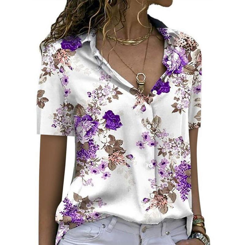 Sommer Neu Kurzarm Floral Übergröße Lässige Blusen Damenmode Elegant Bedruckt Locker Damenhemden Tops Slim Fit Einfaches Hemd mit Knopfleiste 26615