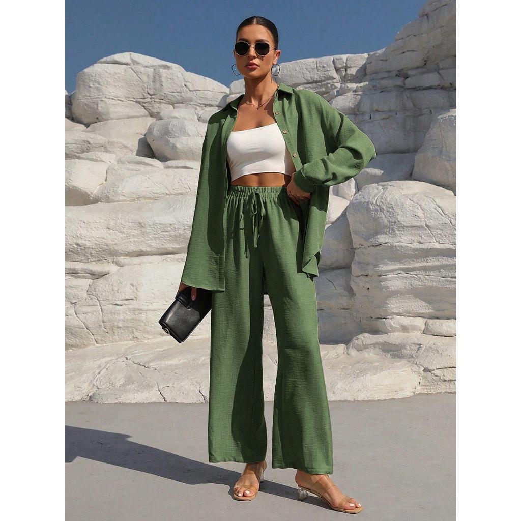 Beach Vacation Solid Color Loose Casual Shirt Skirt Two-piece Suit Women Spring and Summer