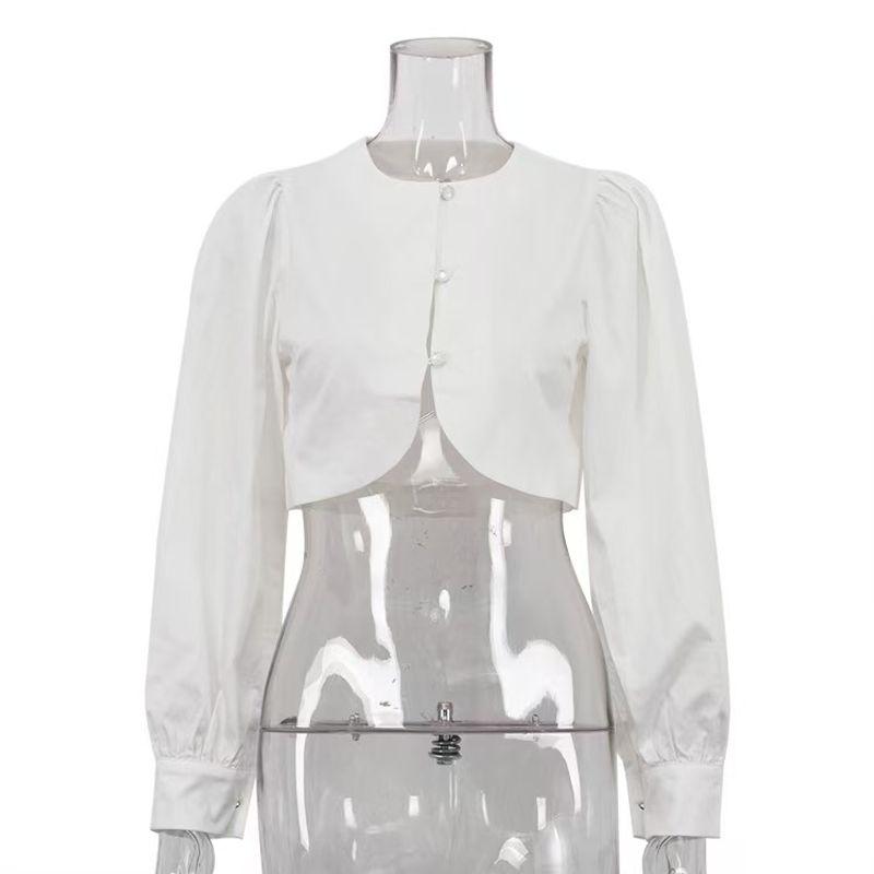 

New Arrival Minimalist Niche Design Cotton Shirt round Neck Long Sleeves All-Matching Short Cardigan Top Short Shirts White S