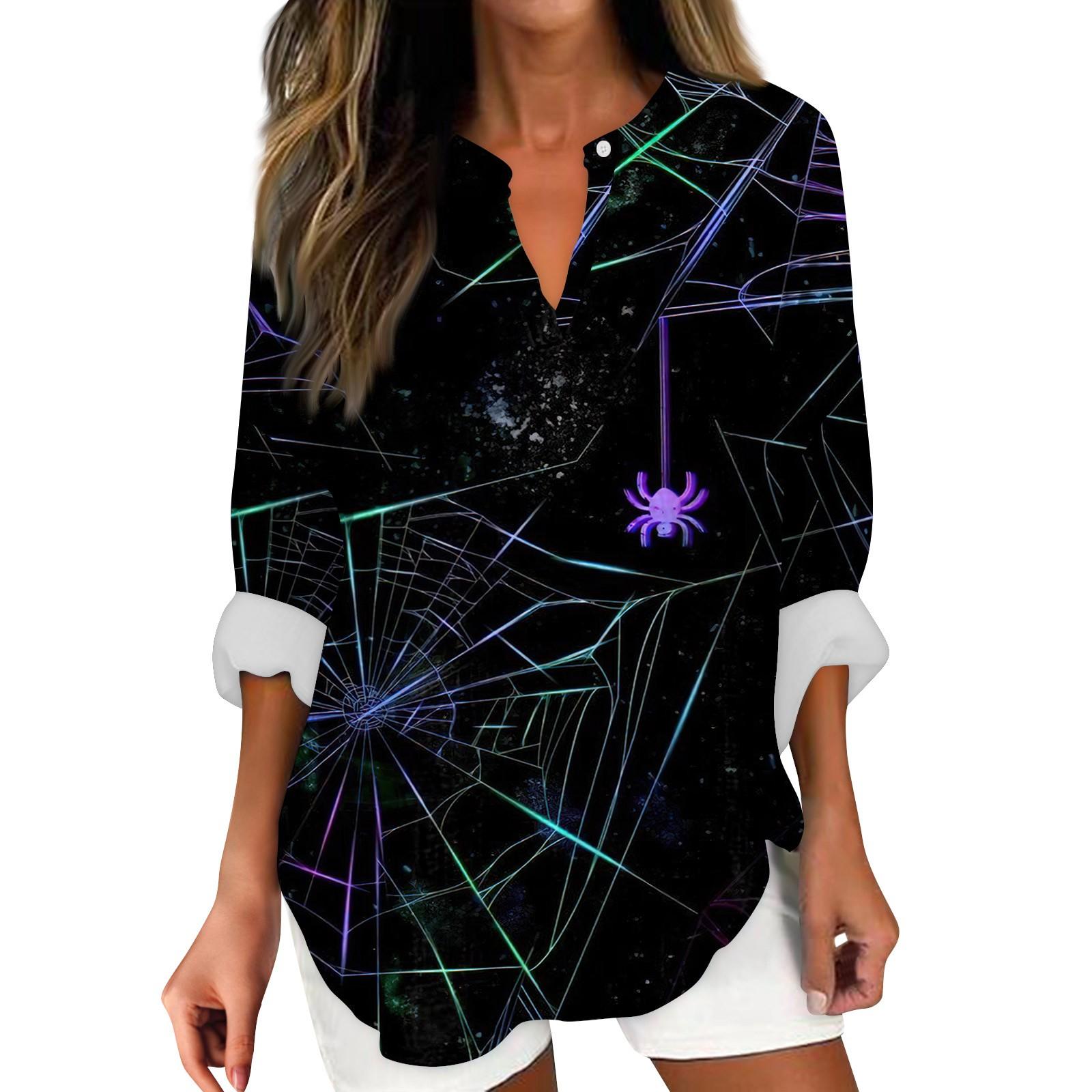 

Жіночі модні повсякденні жіночі топи з принтом на Хеллоуїн і довгими рукавами з V-подібним вирізом M чорний