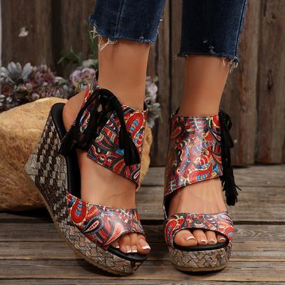 Damen Schnür-Keilsandalen mit offenem Zeh und Seitenreißverschluss, dicker Sohle, Sommerkleidung