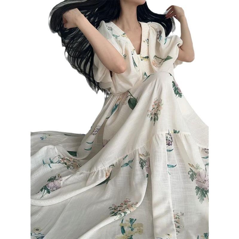 Vintage-Mode-Druckkleid aus Baumwolle und Leinen mit großem Saum, lockeres Design, V-Ausschnitt, kurze Ärmel, Damenkleider