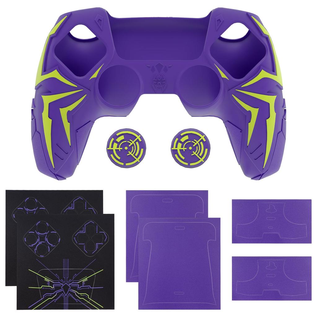 PlayVital Silicone Protective Cover for PS5 Cyber Spider Includes 2 Thumb Grip Caps and 6 Compatible with Charging Dock Purple Green Controller,
